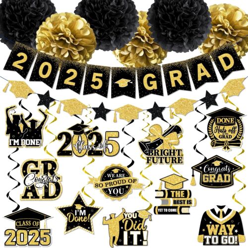 Black and Gold Graduation Decorations 2025 Grad Banner and Congrats Grad Hang...