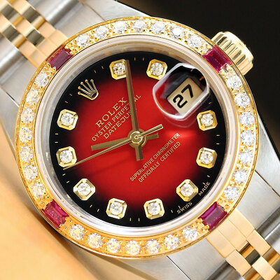 ROLEX LADIES DATEJUST 69173 18K GOLD RUBY DIAMOND STEEL RED