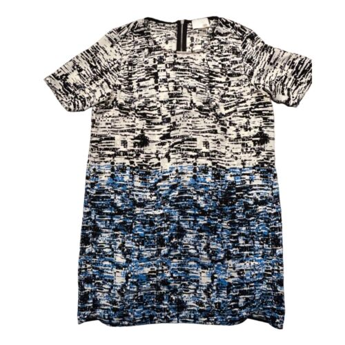 Dalia Size 14 White Blue Black Pattern Sheath Short Sleeve Back Zipper Dress
