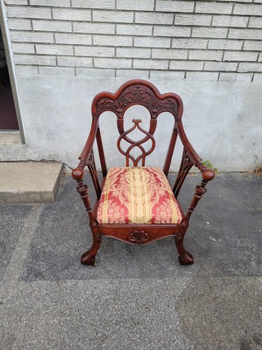 19 th c Art Nouveau Carved Mahogany Armchair Chair Vintage Wooden Furniture