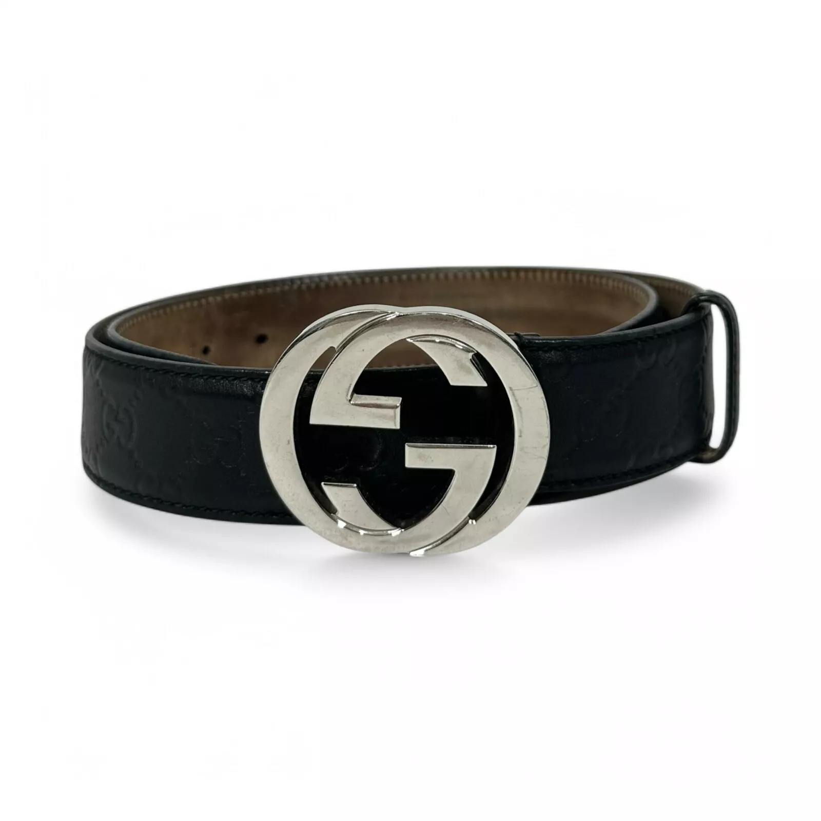 Authentique ceinture Gucci monogramme Guccissima cuir noir imbriqué taille 85/34