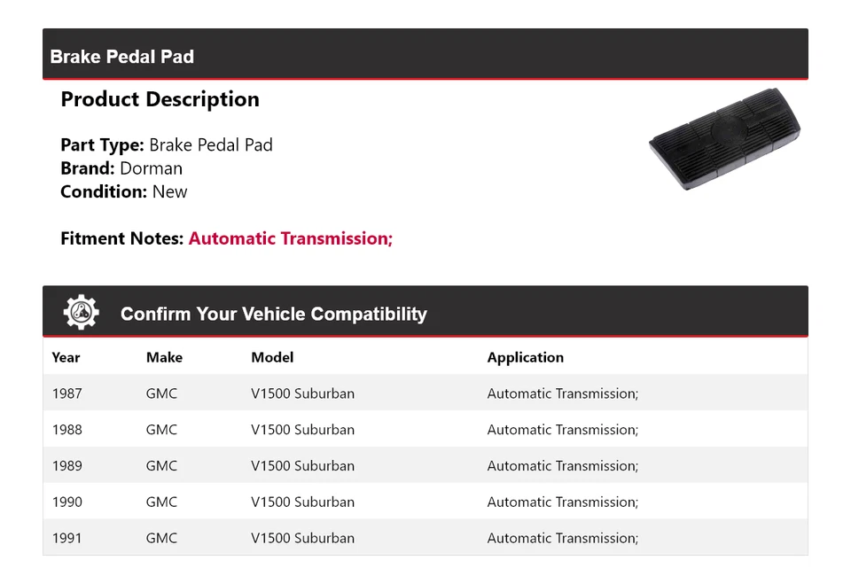Pastilla de pedal de freno Suburban Dorman 1987-1991 GMC V1500 1988 1989 1990 Foto 2 de 4