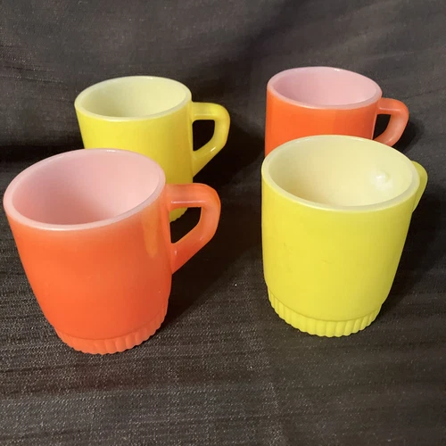 Lot of 4 Anchor Hocking Fire King Yellow and Red Stacking Coffee Mugs / Cups