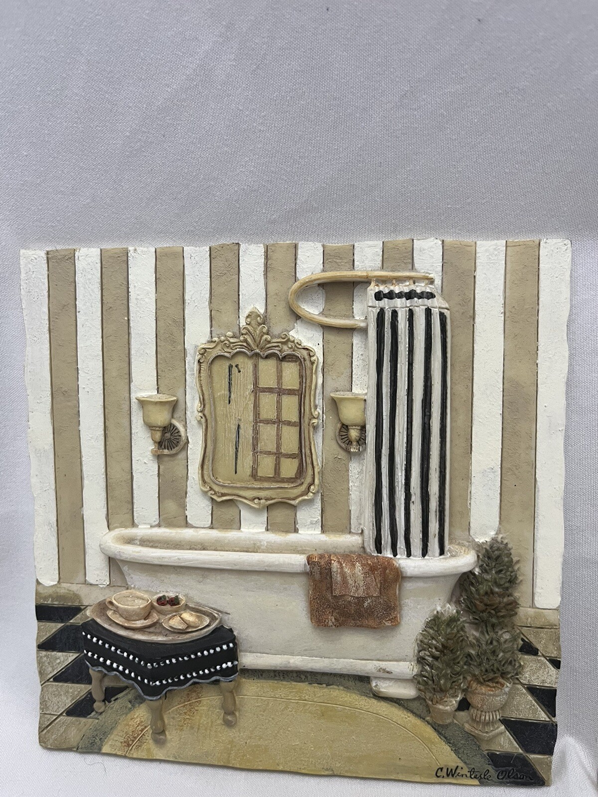 Vintage C. WINTERLE OLSON 3D Bathroom Bathtub Wall Art Tiles 5 1/2" Set