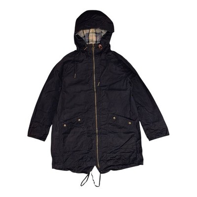 Barbour Wachsjacke Damen UK 14 schwarz Kapuze lang Parka Mantel Tartan Country