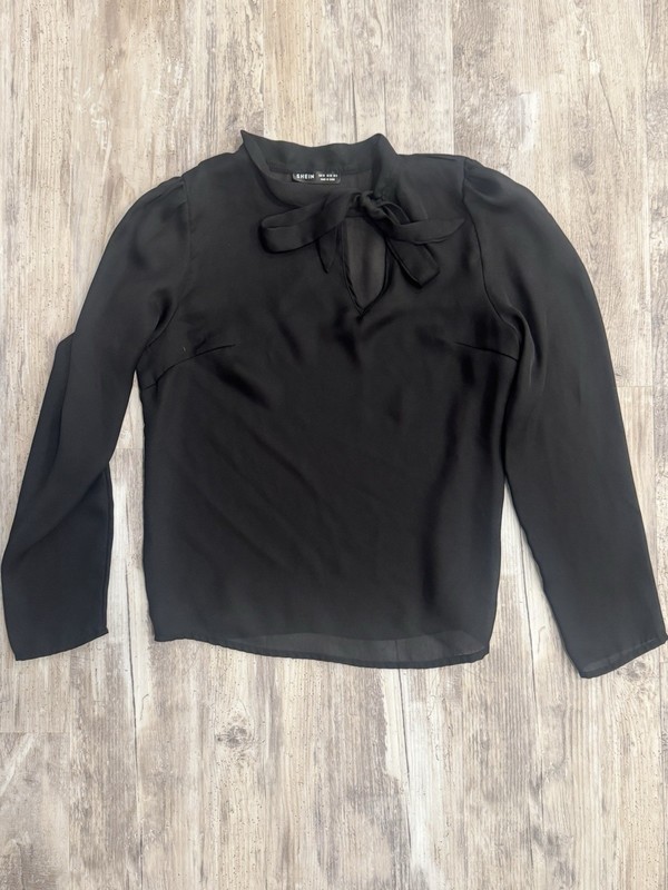 SHEIN Women’s Long Sleeve Black Sheer Blouse Size M With Tie Front Neck