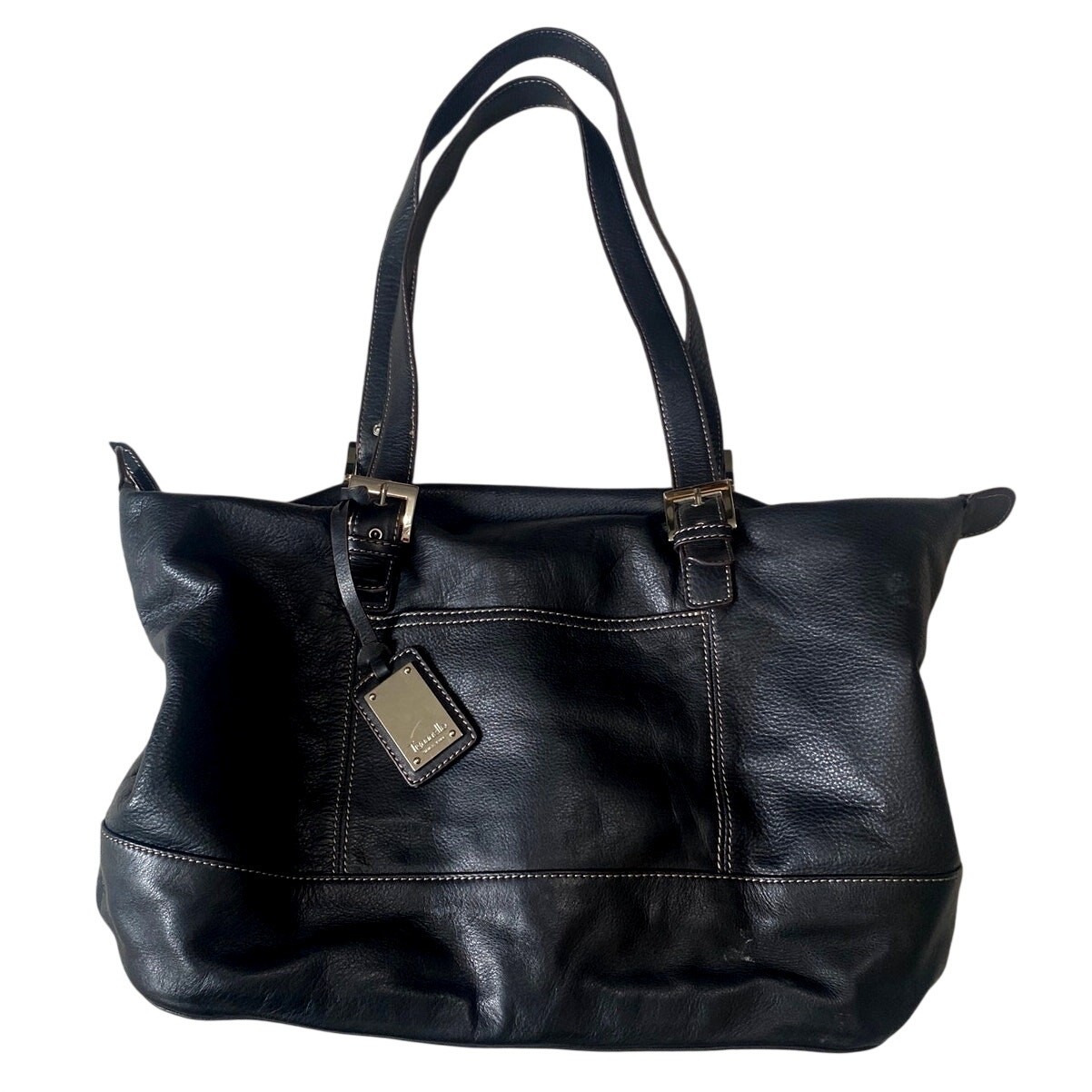 Tignanello Black Pebbled Leather Tote Bag Shoulder Purse Contrast Stitch Classic