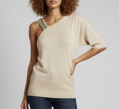 NWT Patrizia Pepe One Shoulder Embellished Wool Blend Sweater Y2K Beige Size 2 S