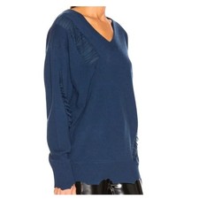 Helmut Lang XS Wide V Neck Distressed Wool Pullover Sweater Blue