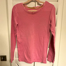 Boden Girls 9-10Y Pink Solid Long Sleeve Round Neck Lace Trim T-Shirt
