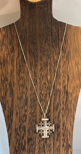 Jerusalem Cross Pendant Necklace Sterling Silver 925 Box Chain 24”L Vintage