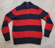 Polo Ralph Lauren Sweater Boys Small 8/10 Blue Red Stripe 1/4 Zip Pullover Pony