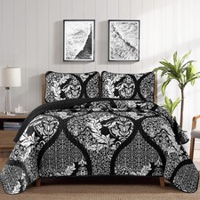 Black Quilt Set Queen Size, Boho Damask Bedspread Coverlet Set Soft Lightweig...