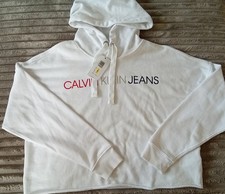 NWT Calvin Klein Jeans Womens White Logo Cropped Hoodie American Flag Graphic M