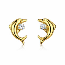 14k yellow gold dolphin earrings stud cz