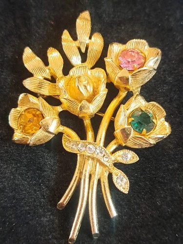 VTG Eisenberg Ice Gold Tone Multi Color Glass Rhinestone Flower Bouquet Brooch