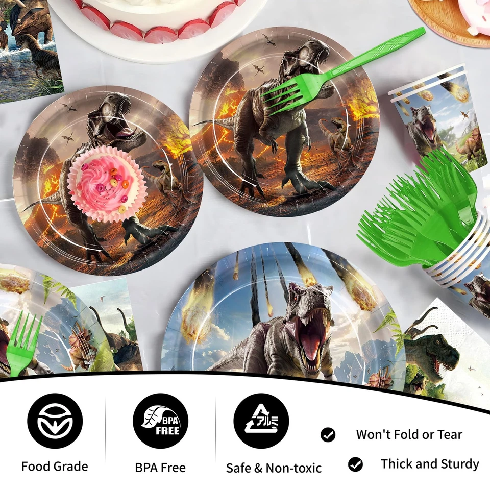 Juego de vajilla desechable 120 piezas de platos de papel servilletas suministros para fiestas de dinosaurios... Foto 3 de 4
