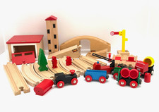 Lot 26 Vintage Brio Wood Railway Pieces Firetruck Station Goods Train Misc Track