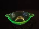 Hocking Pillar Optic Uranium Glass Handled Berry Bowl w/ Shell Handles Vintage