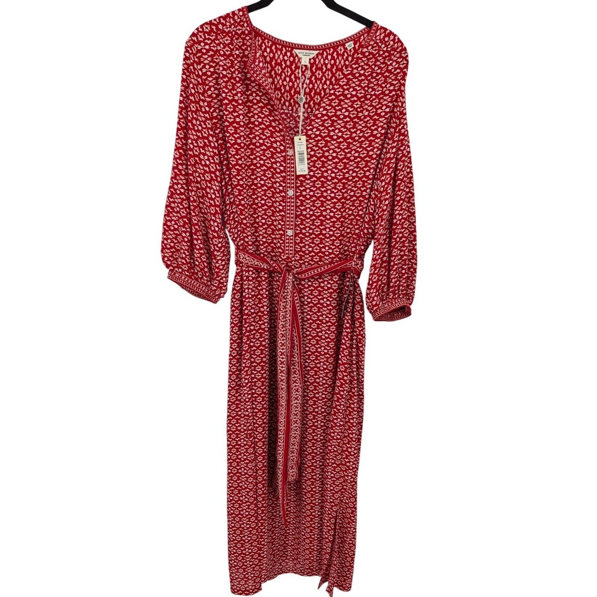 Max Studio Maxi Dress Geometric Womens Large Red Belted Boho Peasant Hippie  | eBay