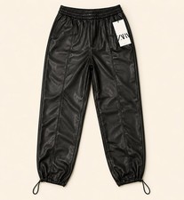 Zara Faux Leather Jogger Pants Black Drawstring Hem Y2K Size S