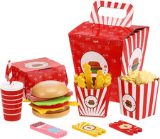 Wooden Fast Food Burger Fries Deluxe Dinner Set, Kitchen Pretend Play Accessorie
