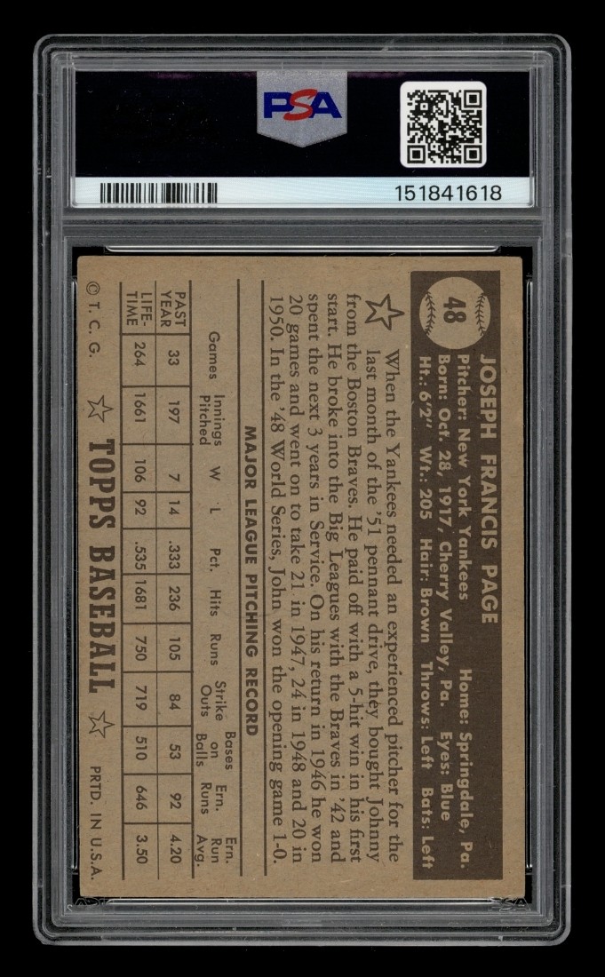 1952 Topps Set-Break # 48 Joe Page Sain Bio Black Back PSA 3.5 VG+ view 2