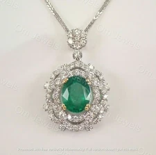 4.80Ct Oval Cut Green Emerald Halo Pendant 14K White Gold Finish 18" Free Chain