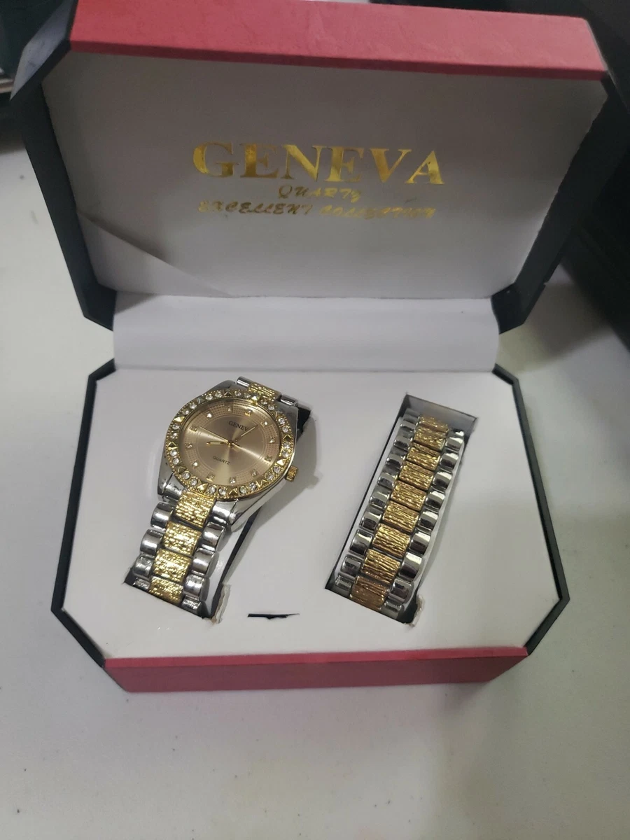 Men Watch Bracelet Combo set GENEVA stainless silver and gold color face