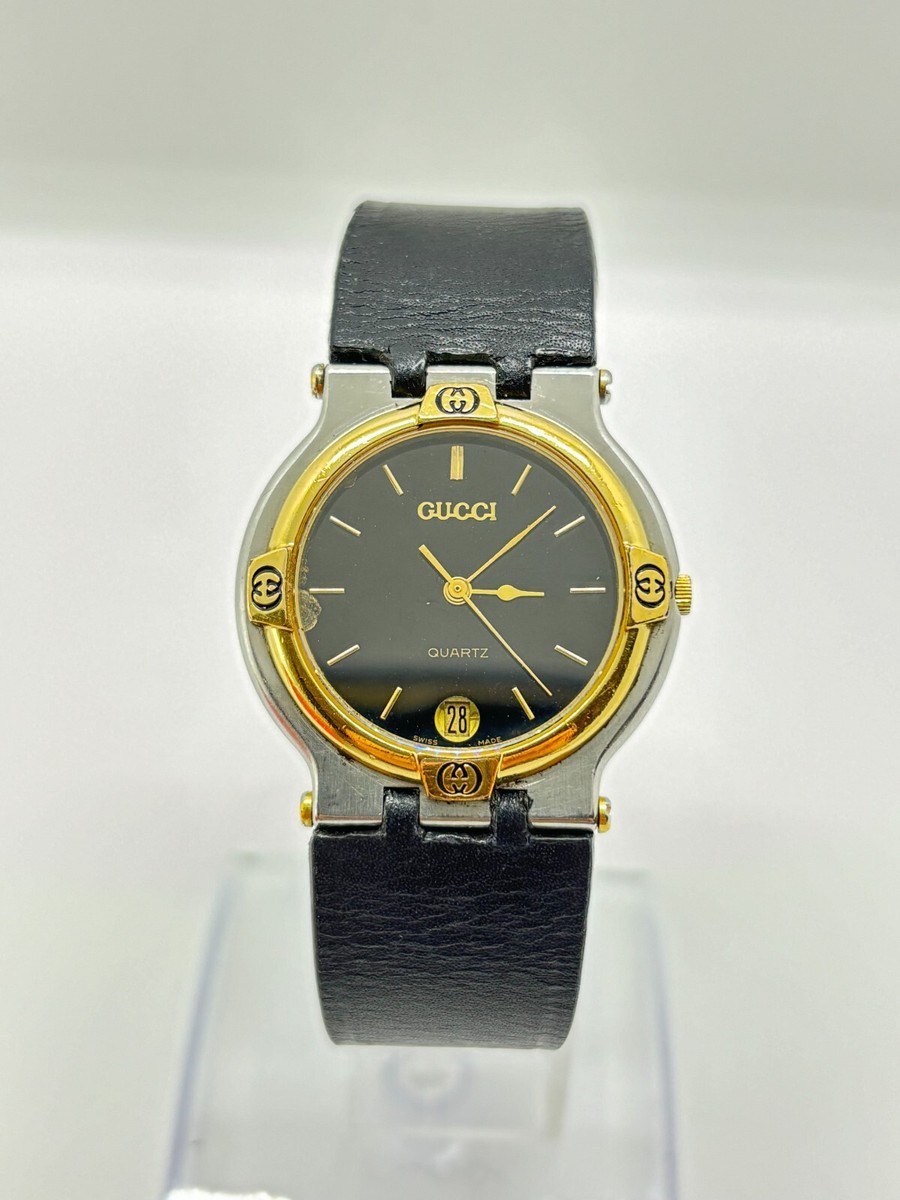 Exc+5] GUCCI 9000M Black Gold Silver Men's Quartz Watch Used