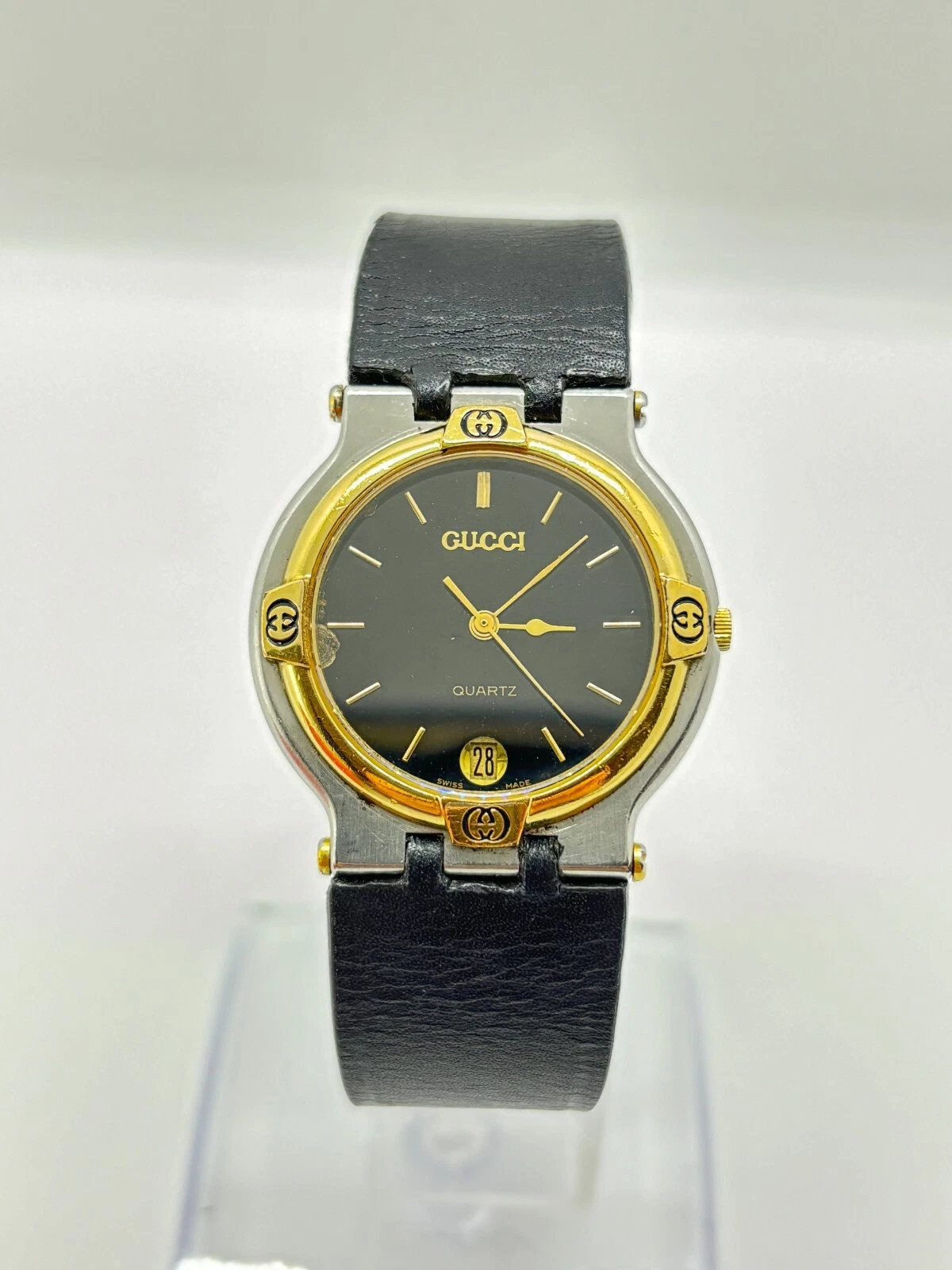 [Exc+5] Montre Homme GUCCI 9000M Noir Or Argent Quartz Occasion Fonctionne F/S