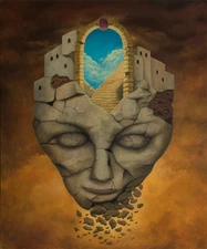 Rock Head Gate City Sky Fantasy Surrealism Original Signed Oil Painting 30 x 36