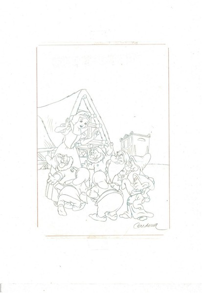 Disney Blancanieves y los siete enanitos - Dibujo de producción original - Firmado por Cardona