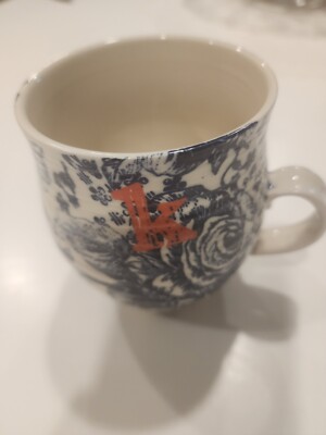 Anthropology Blue Rose & Peacock Monogramed Round Belle Mug''K'' 12 Ounce.