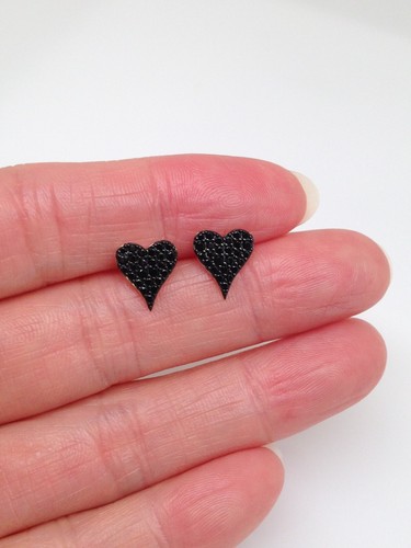Black Onyx Pave Heart Stud Earrings 925 Sterling Silver Tiny Studs 9mm Gold - Picture 8 of 11