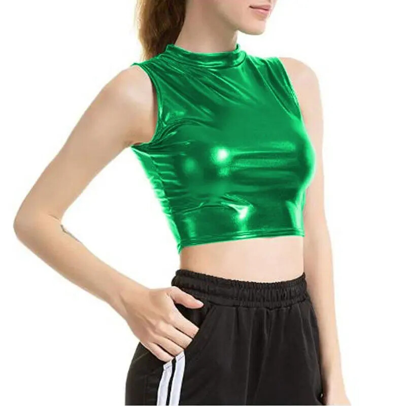 ALTRA Canotta donna sexy crop top smanicato high street spandex lucido metallizzato