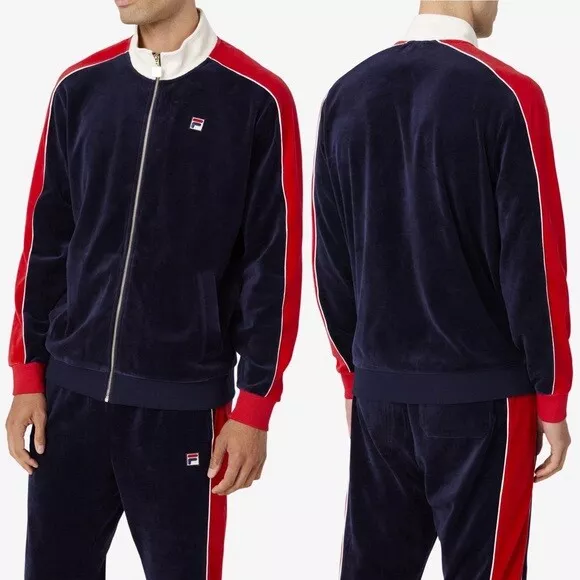 Men s Fila Navy Ecru Red Velour Fashion Tracksuit