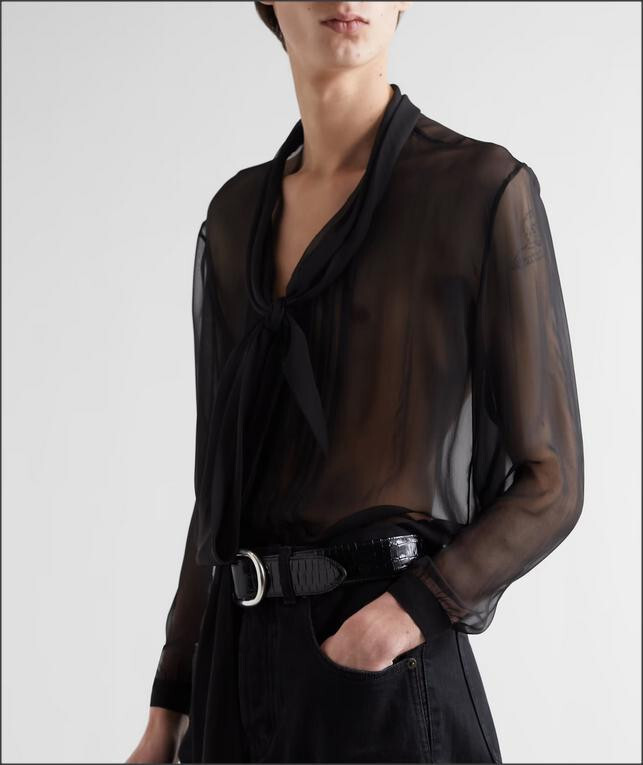 Camicia Saint Laurent 2 5k nuova con etichetta nera seta plissettata semitrasparente 42 16 5 uomo unisex