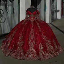 Red Quinceanera Dresses Gold Applique Backless Birthday Party Gowns Sweep Train