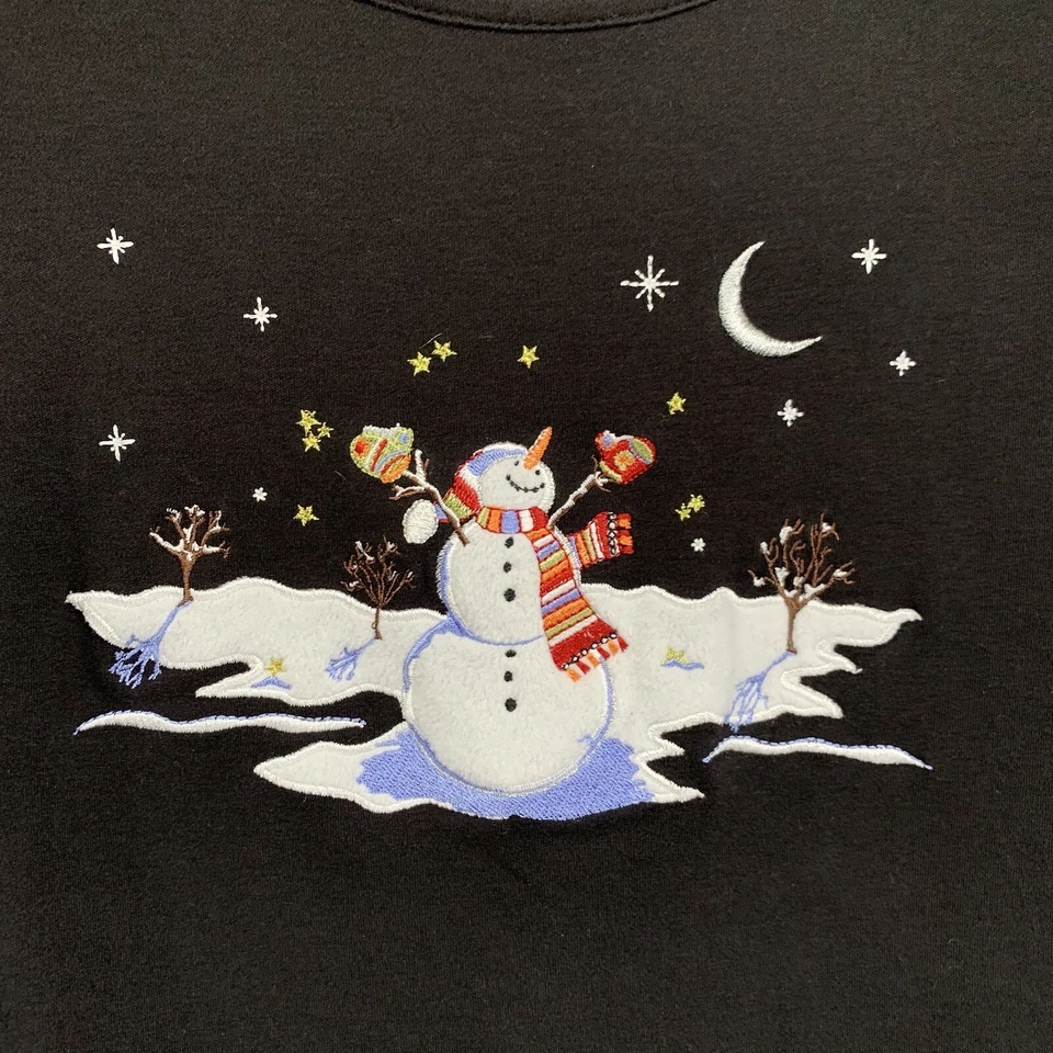 Camisa de Navidad de manga larga para mujer camiseta negra bordada muñeco de nieve luna plateada Foto 2 de 4