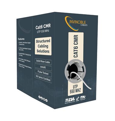 Cat6 Riser Rated(CMR) 1000ft Cable | 100% Solid Copper Conductors | 550 MHz,2...