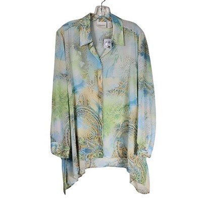 Chicos Semi Sheer Watercolor Button-Up Blouse L Sharkbite Fairy Resort Boho