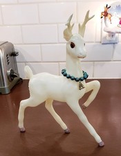 VTG 12" Celluloid Prancing Reindeer Ruby Eyes Glass Beads Brass Bell Collar