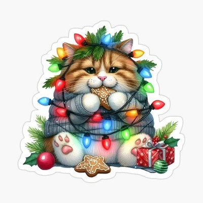 Festive Fat Cat Christmas sticker decal 3'' x 3'' Cat