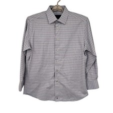 David Donahue Men Trim Fit Dress Shirt Blue Burgundy Tattersall Check 16.5 32/33