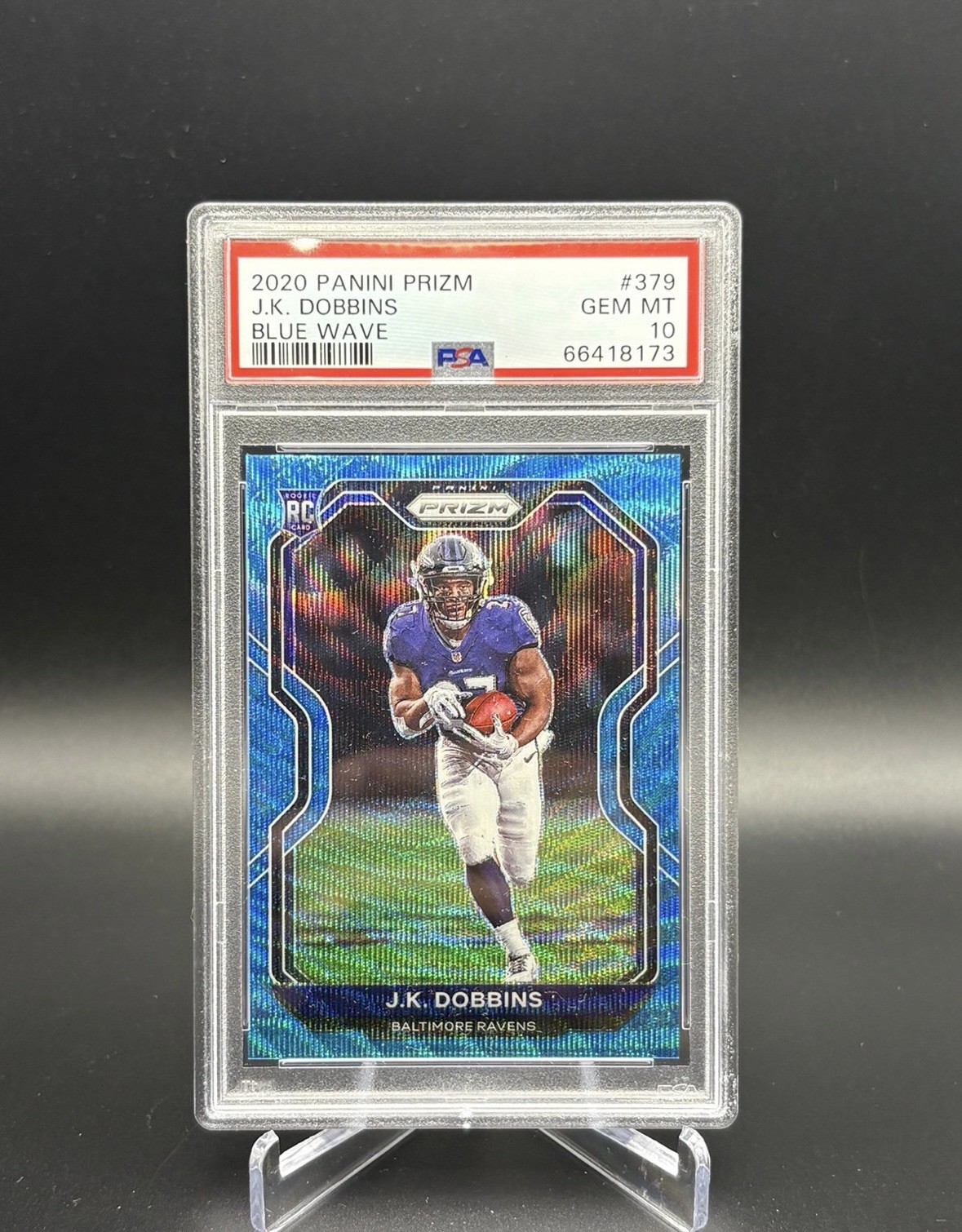 2020 Panini Prizm JK Dobbins RC Blue Wave Prizm /199 #379 PSA 10