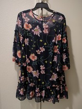 Eliza J Navy Blue Pink Floral Print Ruffled Bell Sleeve Dress Size 12P EUC