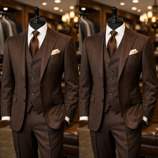 Men Brown Wool 3 Piece Slim Suit Peak Lapel Wedding Custom Vest Trousers