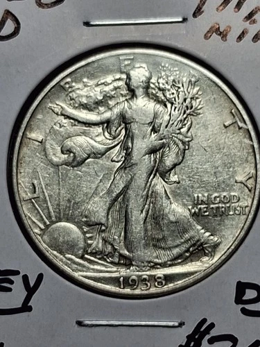 1938-D WALKING LIBERTY HALF DOLLAR. 491,600 MINTED. KEY DATE. HIGH GRADE. XF-AU