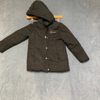 Guess Puffer Jacket Girls 6 Black Padded Button Front Hooded Pockets Winter